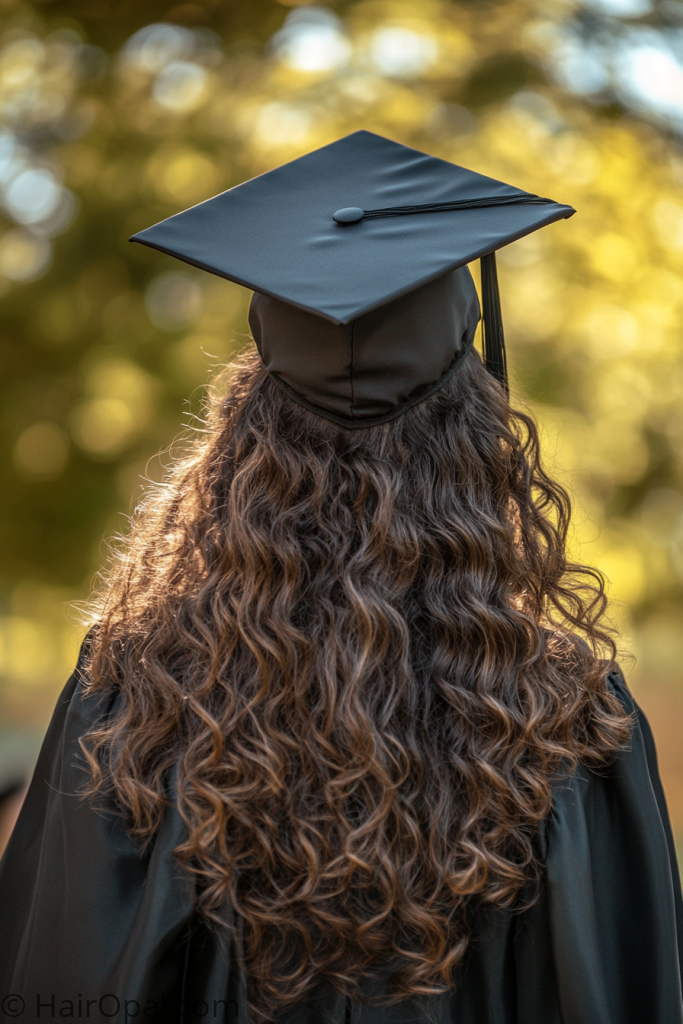 curly hair with cap college graduation hairstyle half up style