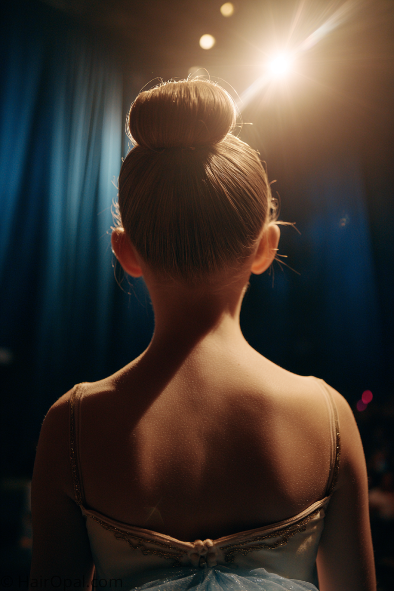 dance recital hairstyles — young girl with perfect ballerina bun on stage
