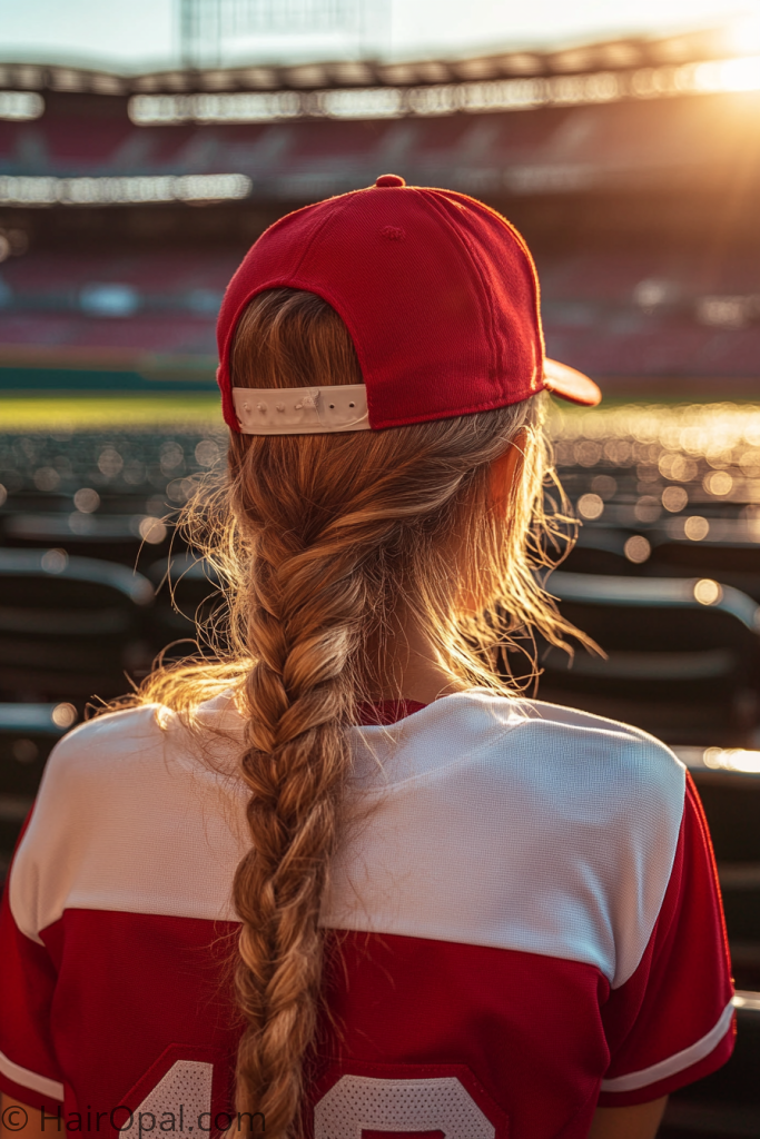 easy side braid baseball game hairstyle cap casual game day