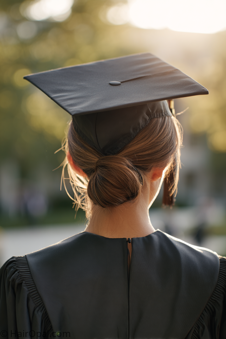 graduation hairstyles — young woman with elegant low bun wearing graduation cap