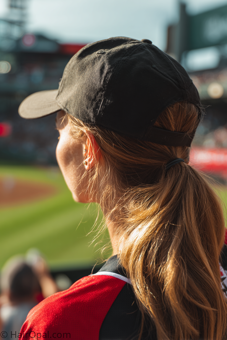 baseball game hairstyles — young woman with cute half up style under baseball cap at stadium
