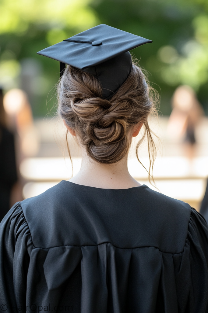college graduation hairstyle updo French twist with cap