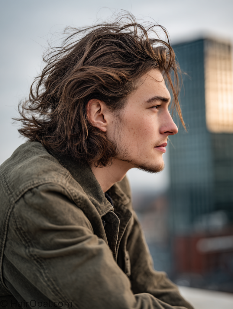  medium length flow hairstyle men past ears natural texture