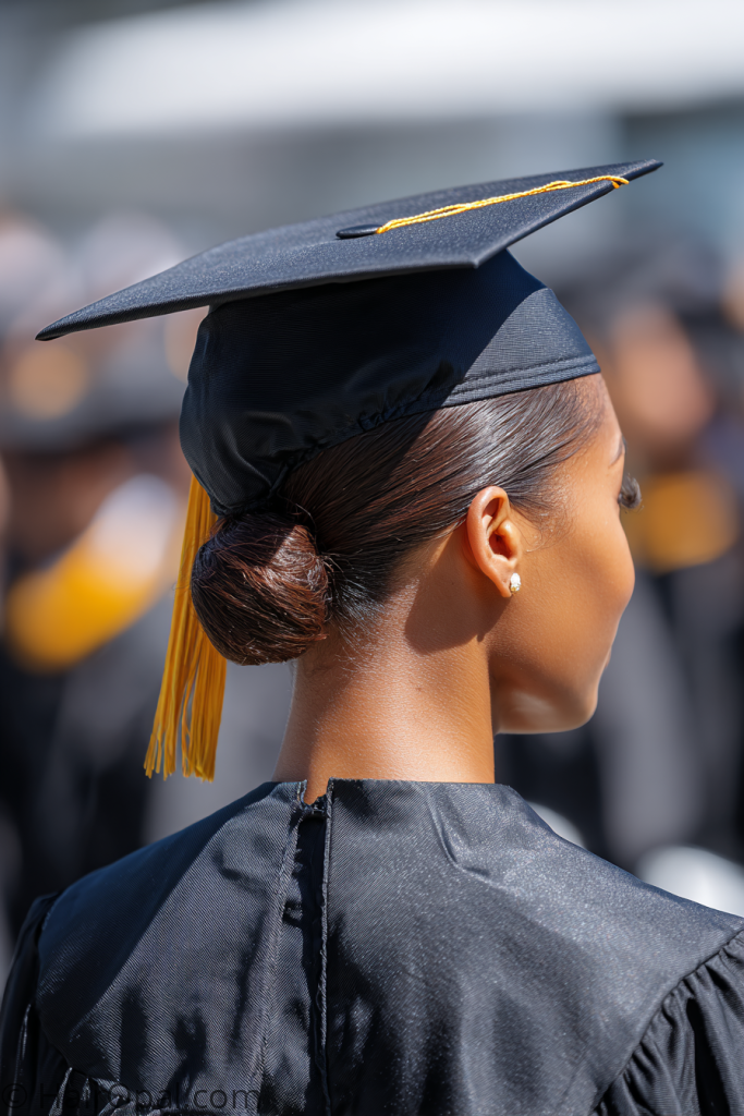 graduation hairstyle for Black women cap low bun sleek edges
