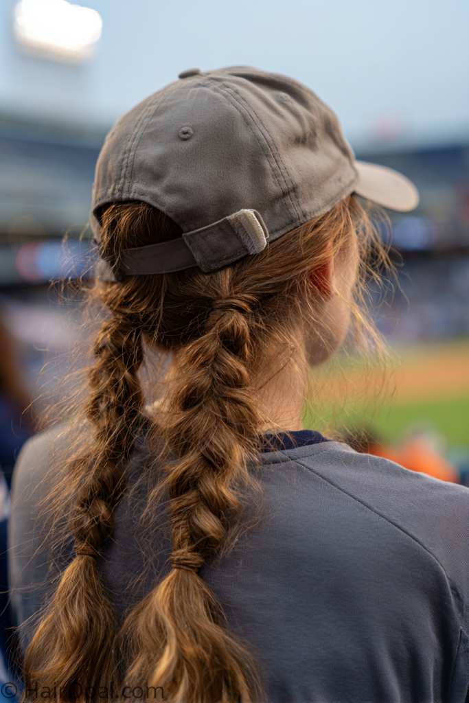 braided half up baseball game hairstyle cap cute and sporty