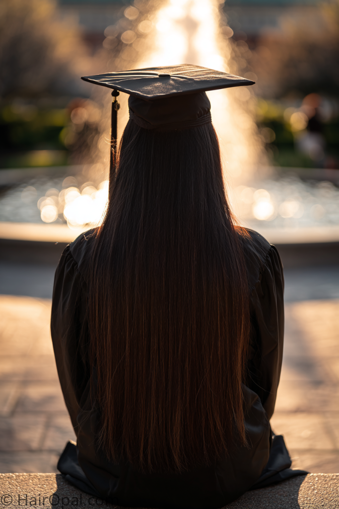 long hair graduation hairstyle with cap flowing and beautiful