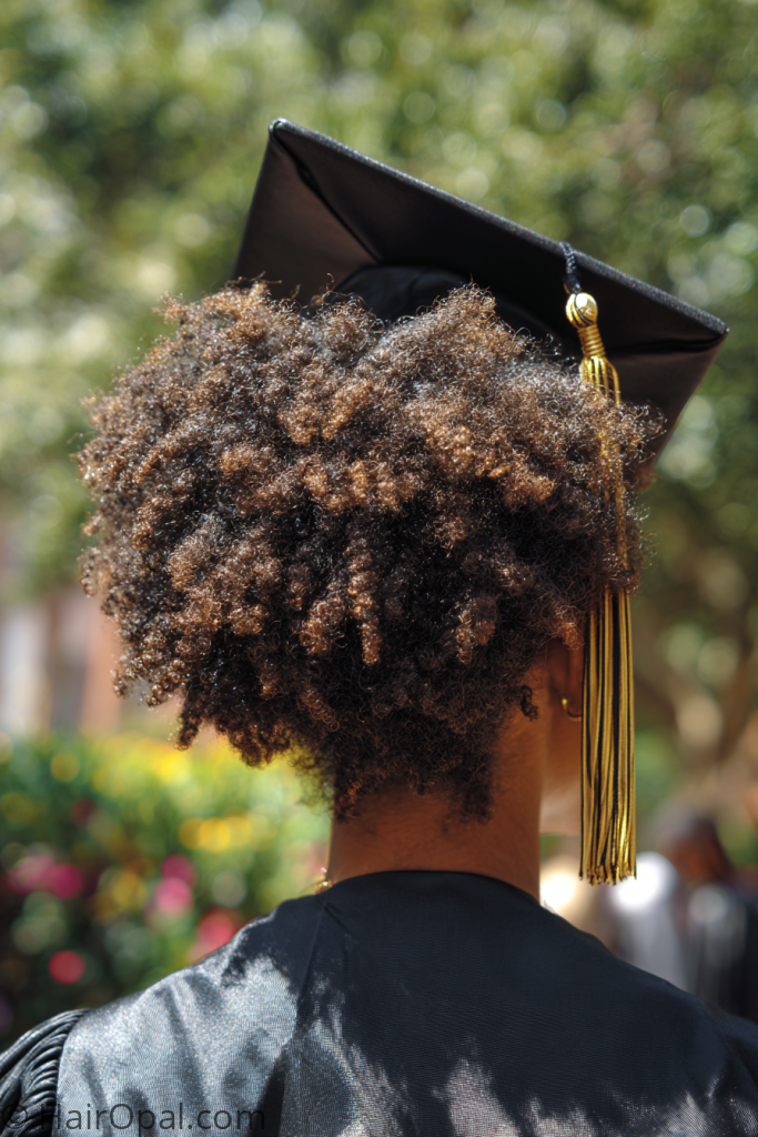 natural hair graduation hairstyle for Black women with cap