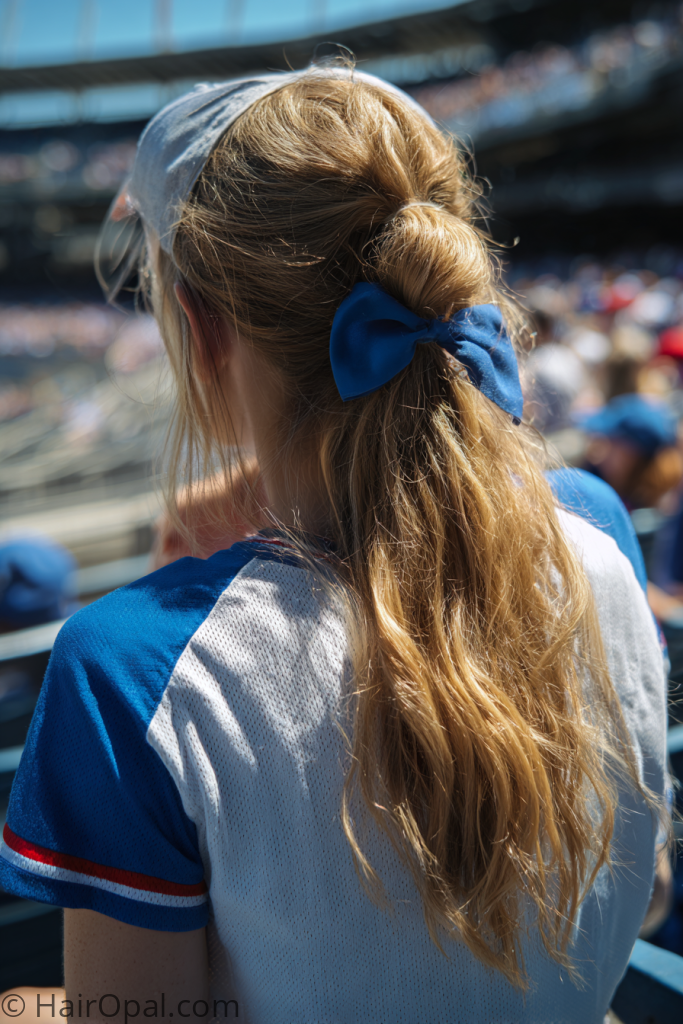 bow baseball game hairstyle cute hair bow under cap game day
