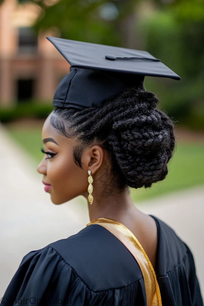natural hair graduation hairstyle with cap twist updo Black woman
