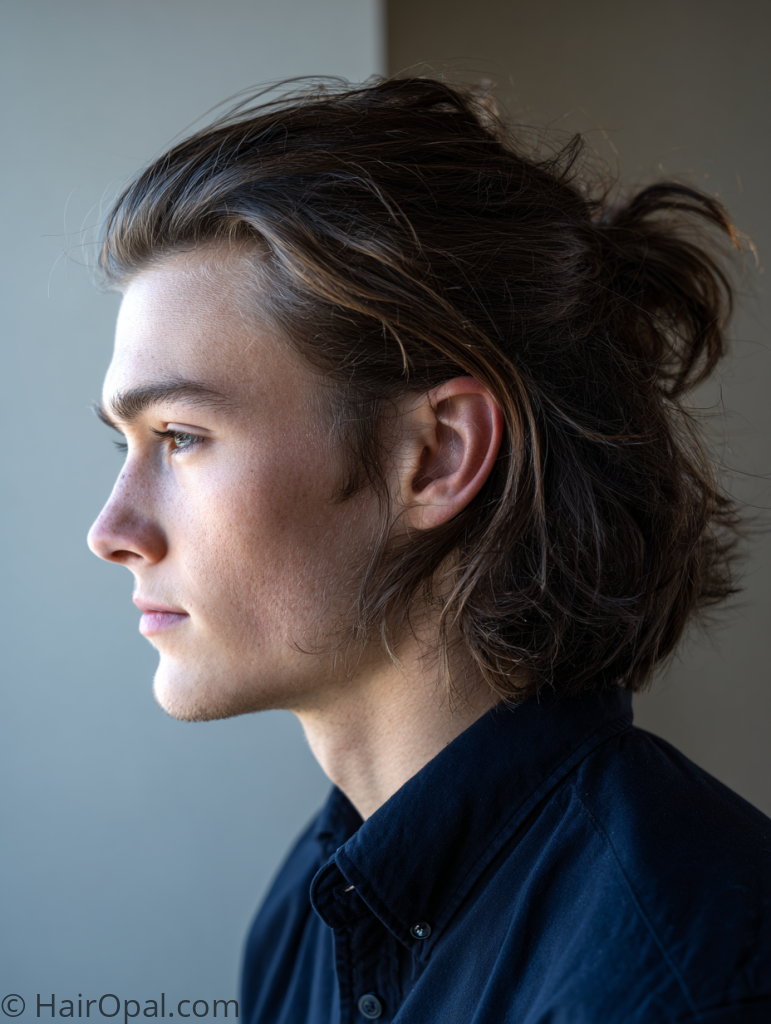 brush back flow hairstyle men medium length clean look