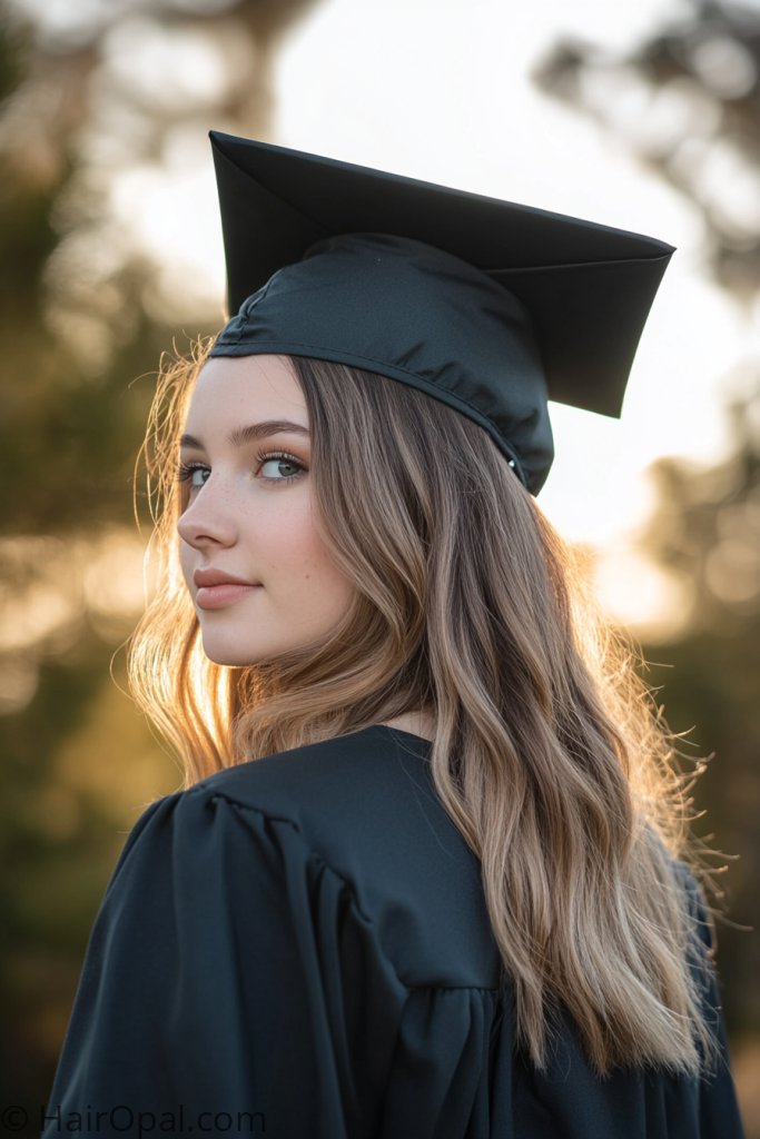  short hair shoulder length graduation hairstyle with cap