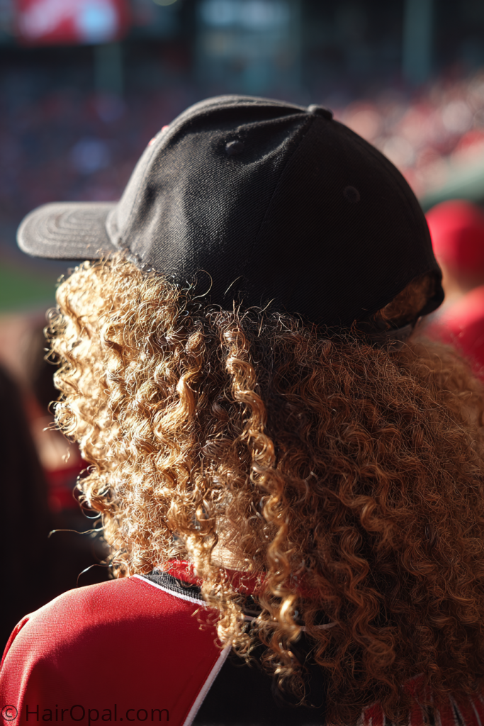 curly hair baseball game hairstyle women with cap natural curls