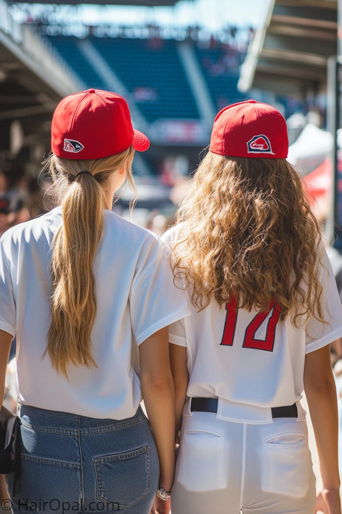 women with hat going to baseball game hairstyles friends game day