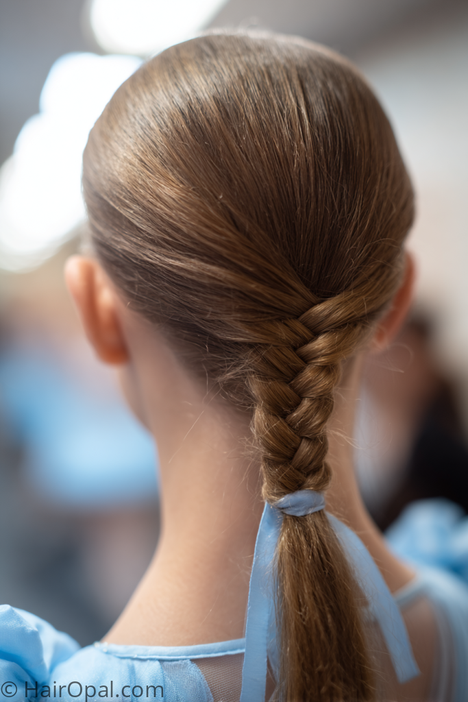 thin hair dance recital hairstyle French braid secure and polished