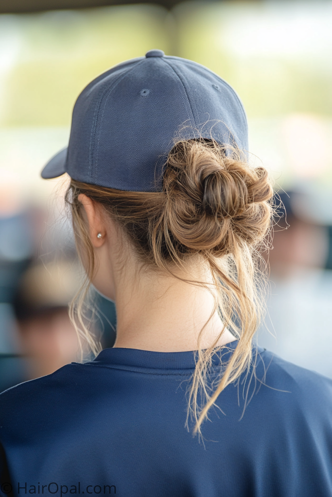 messy bun baseball game hairstyle cap effortless game day look