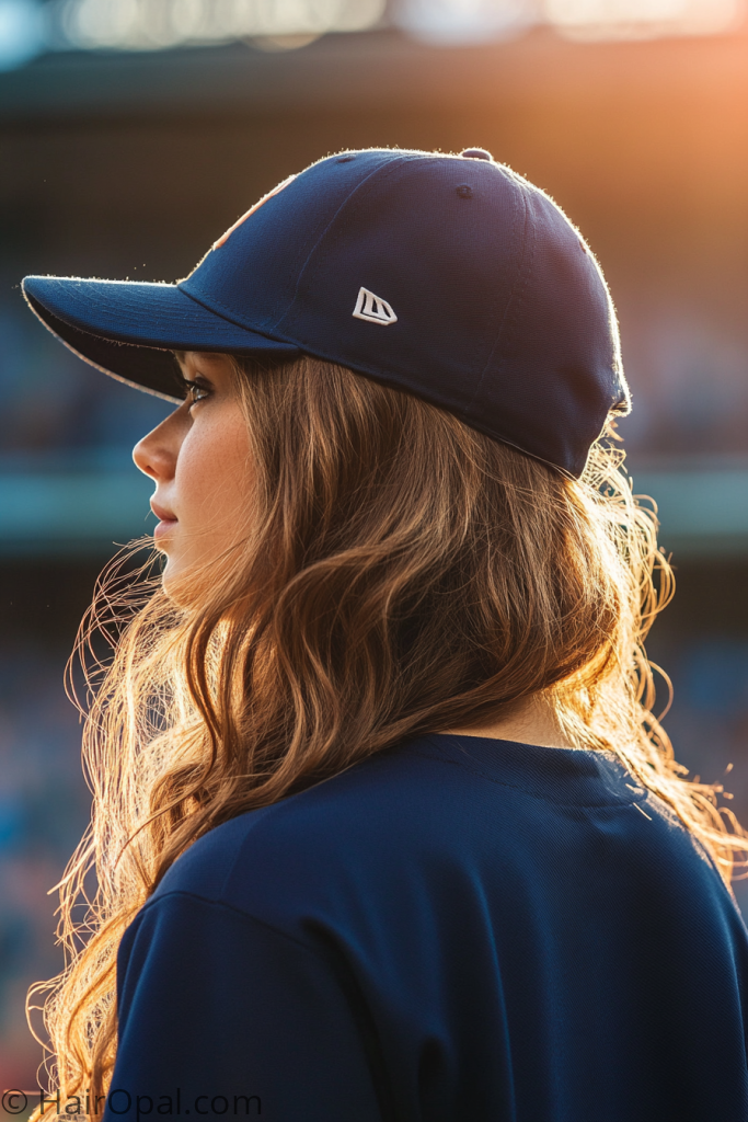 half up half down baseball game hairstyle with cap casual and cute