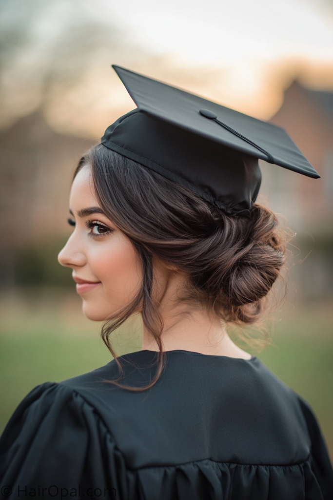 sleek low bun graduation hairstyle with cap for college
