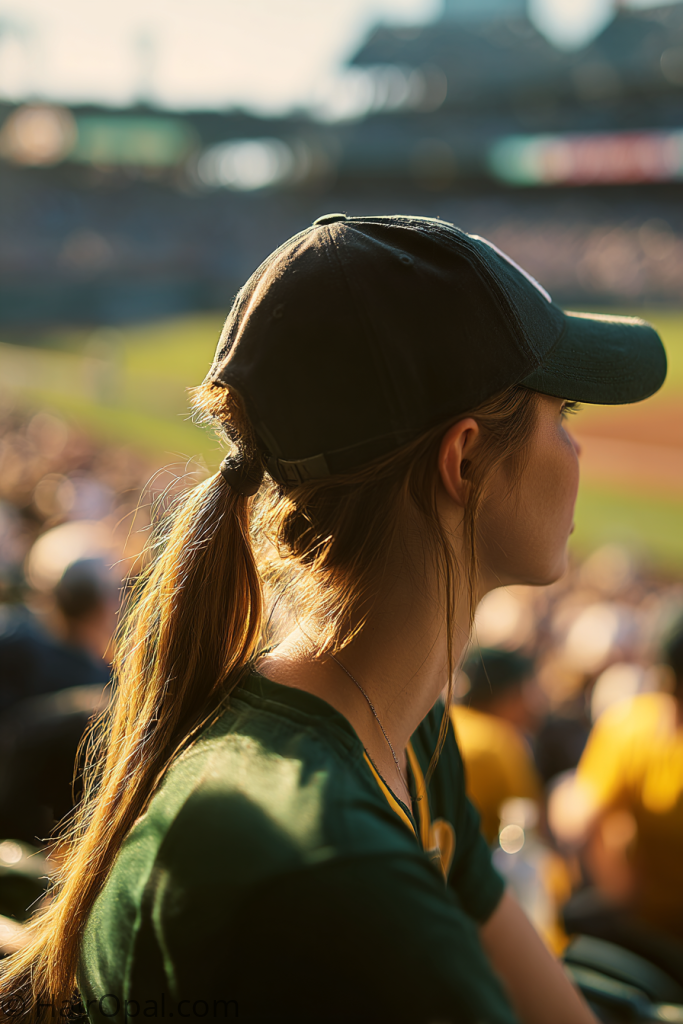 low ponytail baseball game hairstyle cap relaxed and casual