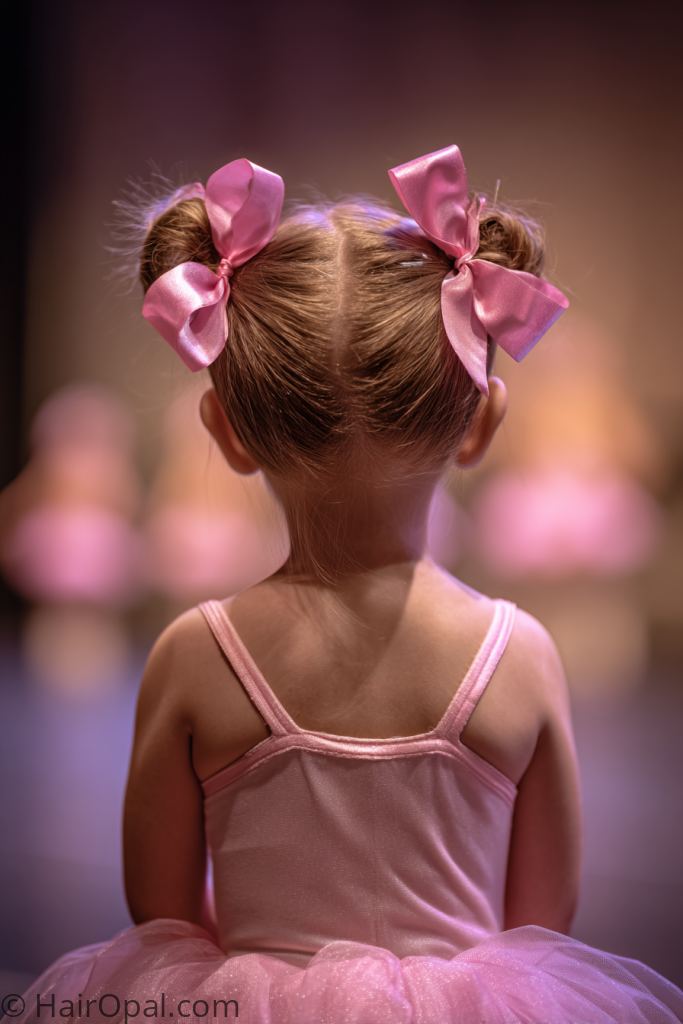  toddler dance recital hairstyle — pigtail buns with ribbon bows