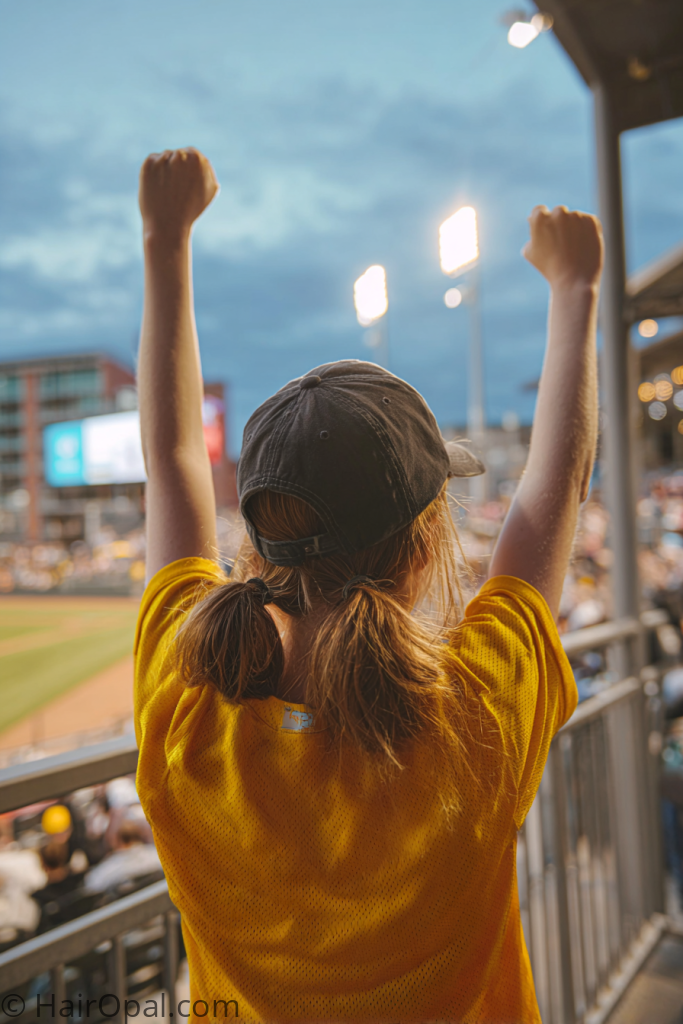 fun baseball game hairstyle space buns under cap cheering