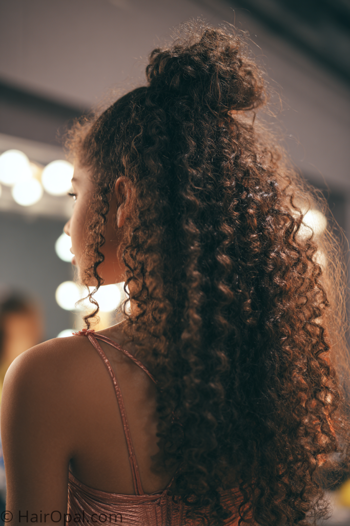 curly hair dance recital hairstyle half up bun natural curls