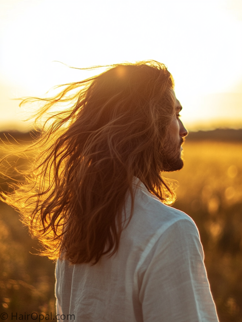 dream flow hairstyle men long flowing golden hour