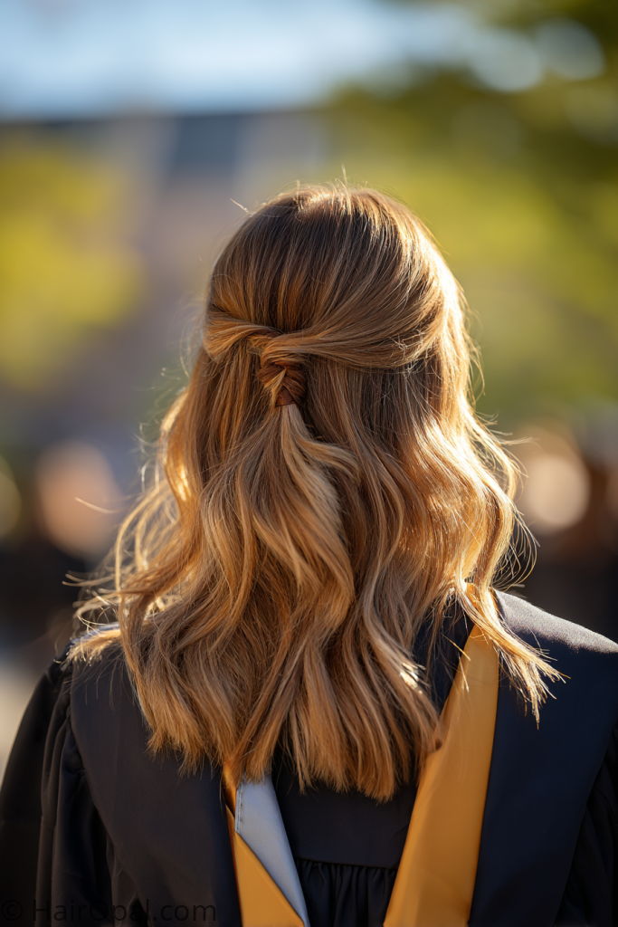  medium hair graduation hairstyle with cap half up twisted style