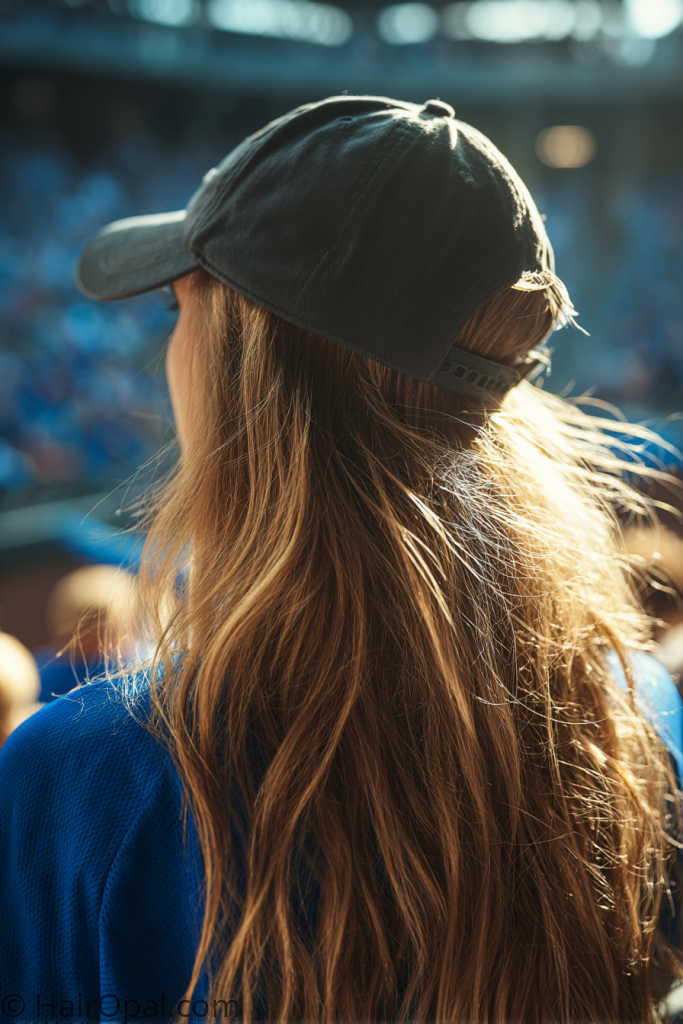 long hair baseball game hairstyle cap falling freely below