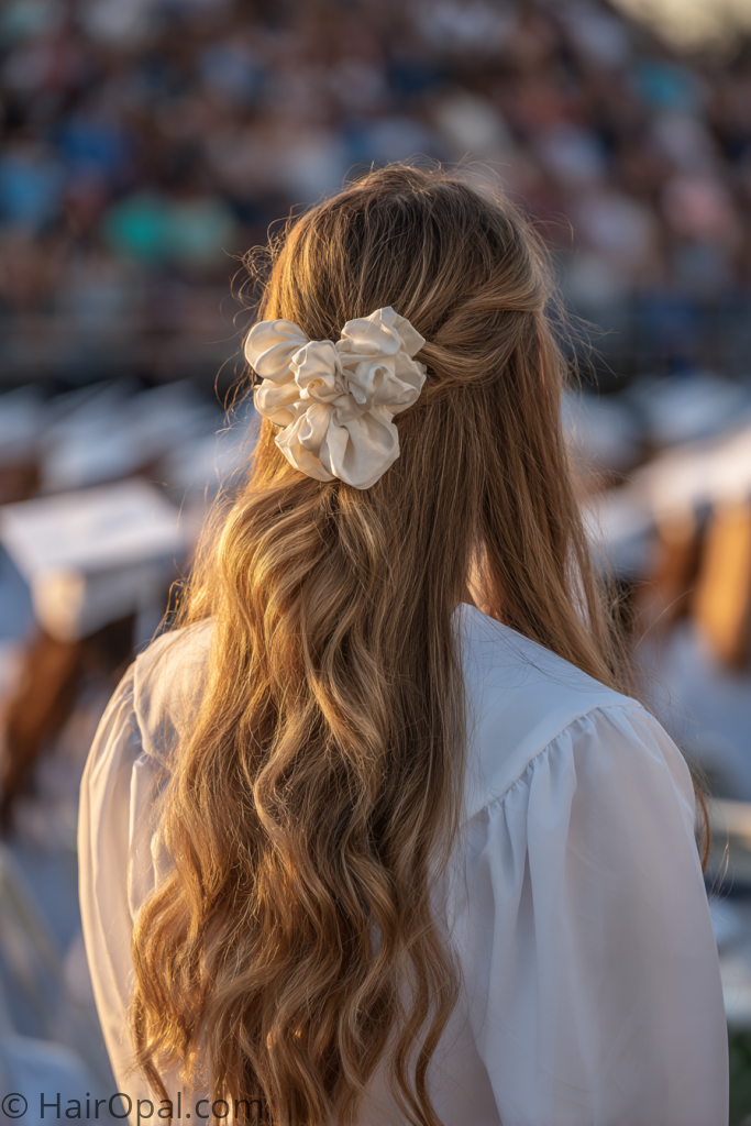 half up graduation hairstyle ideas with cap long hair ribbon