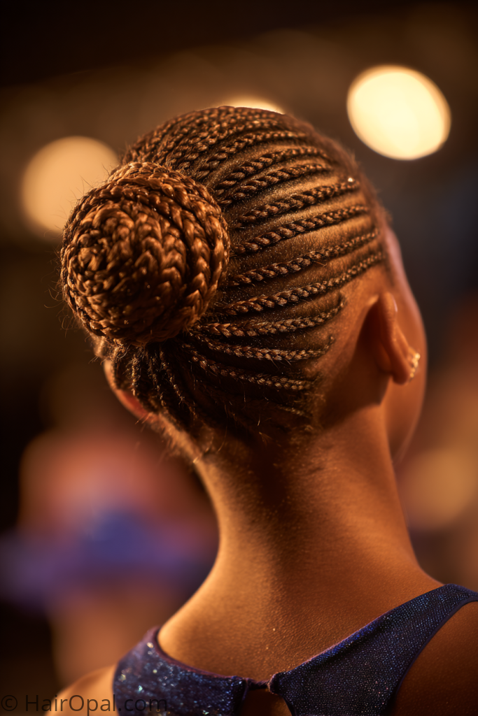 cornrow updo dance recital hairstyle for Black girls natural hair