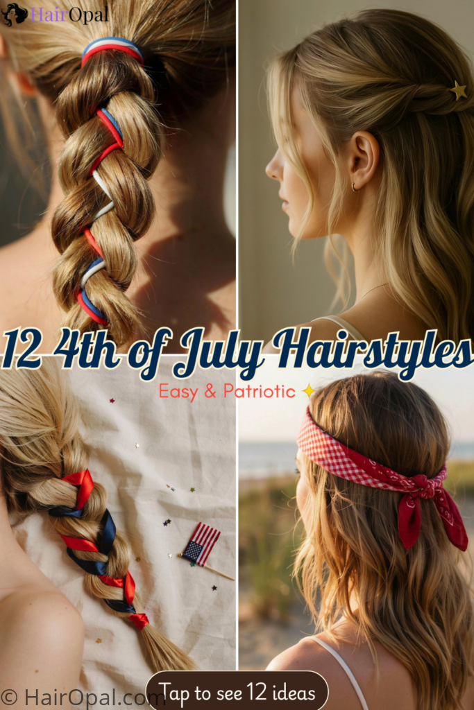Collage of four different 4th of July hairstyles including bubble braids, star clips, a ribbon braid, and bandana beach waves
