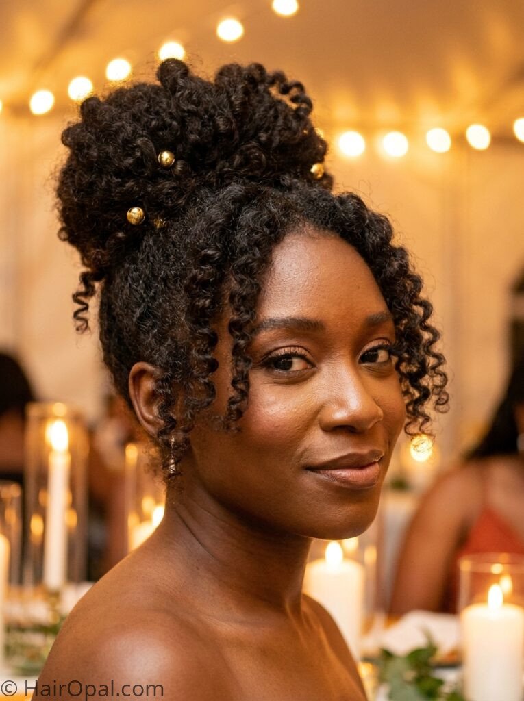 Black woman with natural hair updo wedding guest hairstyle