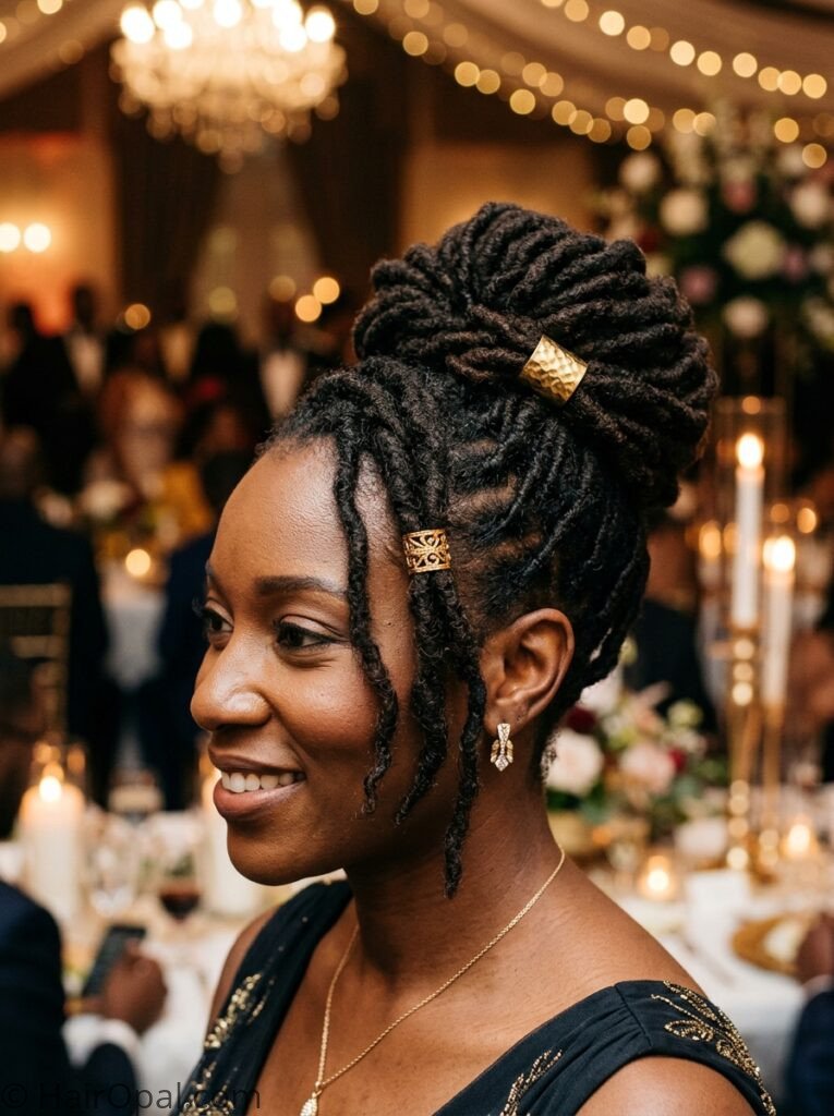 Woman with loc updo wedding guest hairstyle and gold cuffs