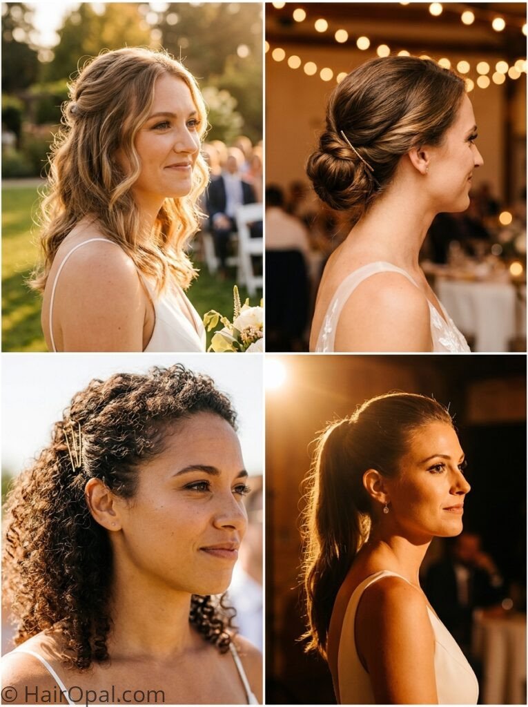 Collage of four wedding guest hairstyles including half up, updo, curly, and ponytail looks