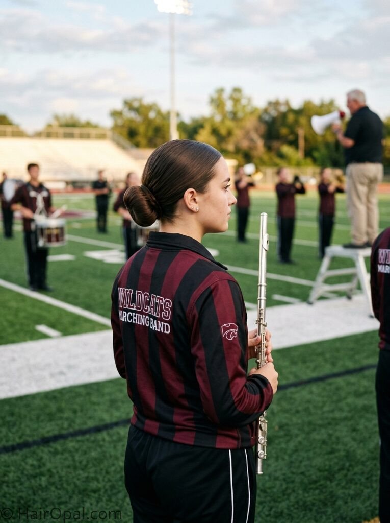 Sleek low bun hairstyle for marching band practice