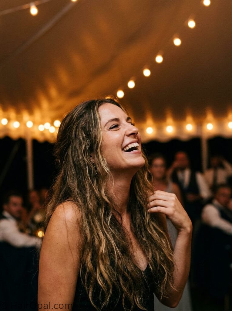 Woman with long loose waves down as a wedding guest hairstyle