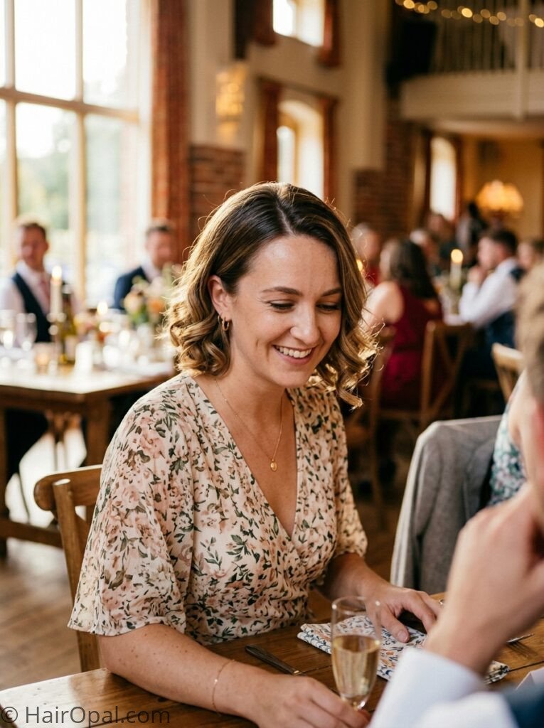 Woman with polished bob wedding guest hairstyle with soft curls