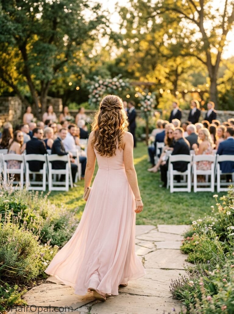 Woman with elegant half up wedding guest hairstyle at an outdoor wedding venue