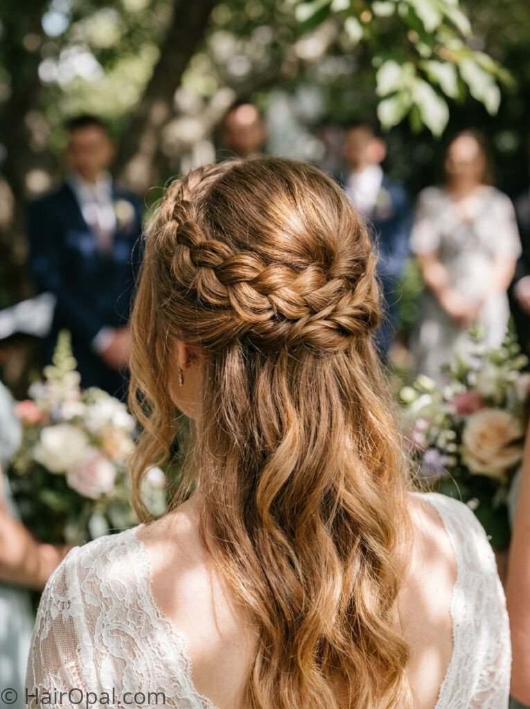 Woman with braided half up wedding guest hairstyle