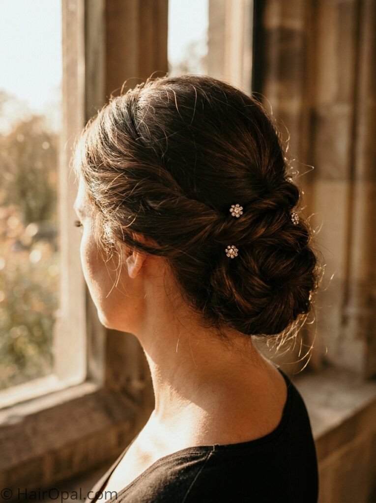 Woman with side swept updo wedding guest hairstyle with crystal pins