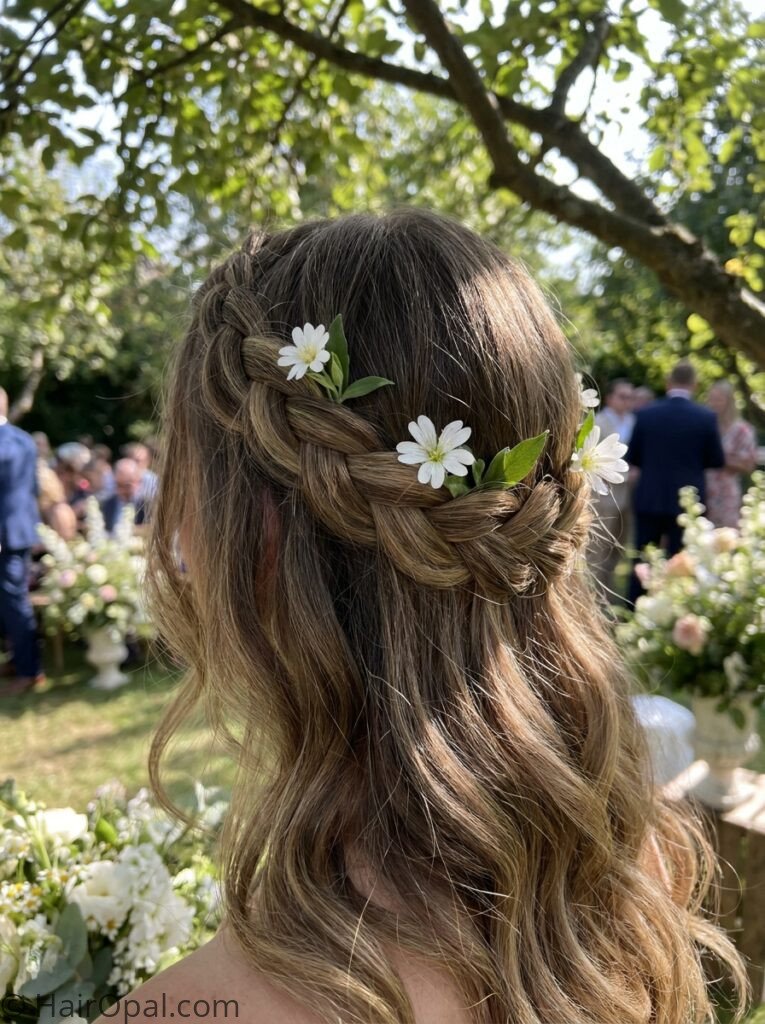 Woman with braided crown wedding guest hairstyle with flowers