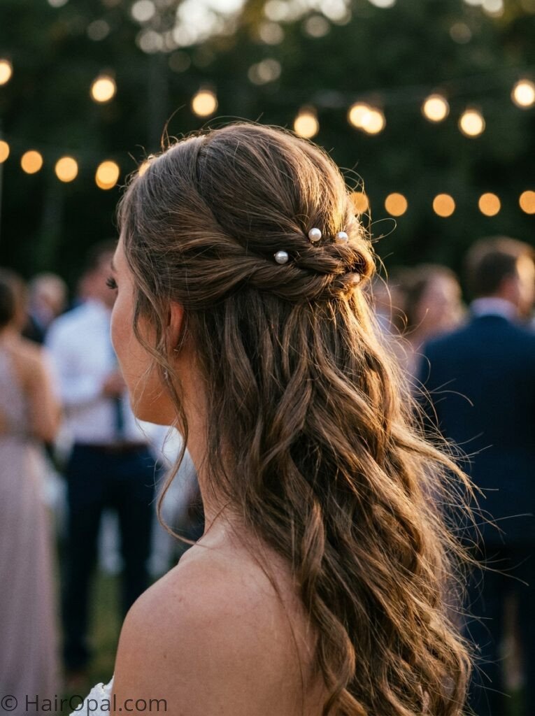 Woman with half up half down wedding guest hairstyle with soft waves