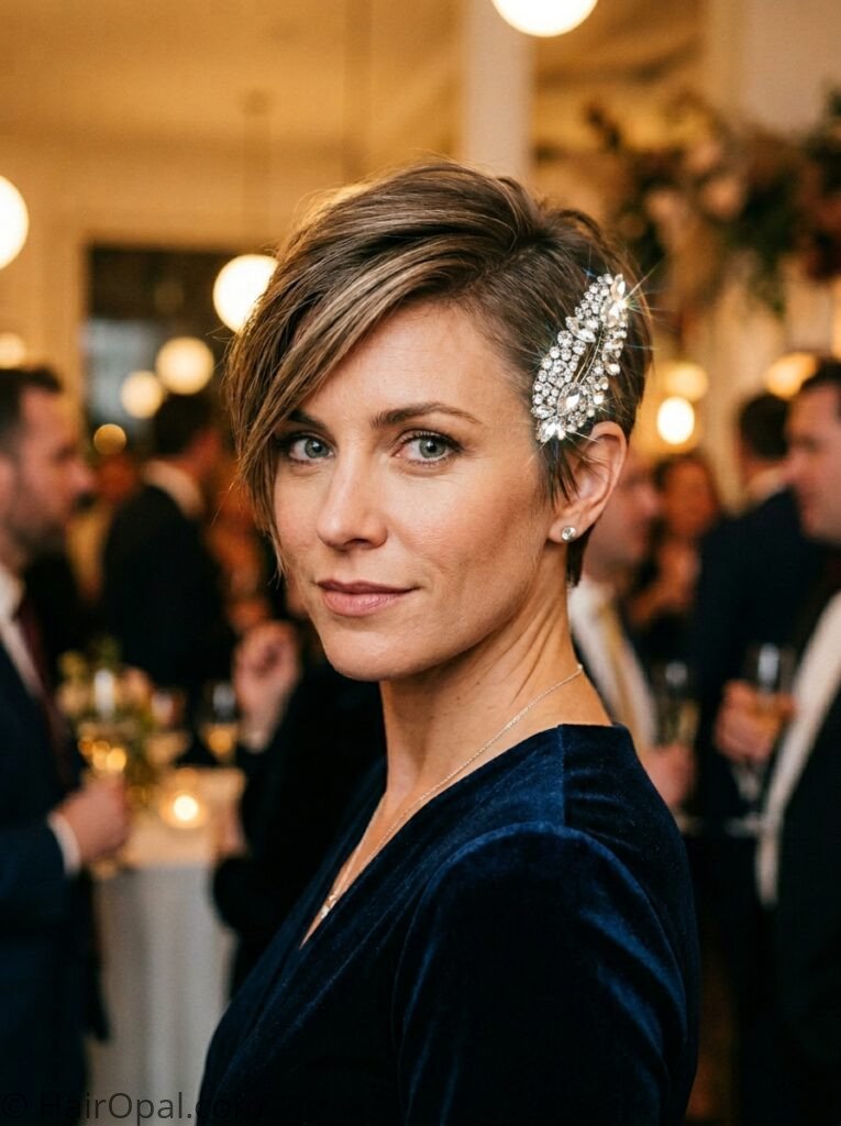 Woman with short hair side swept wedding guest hairstyle