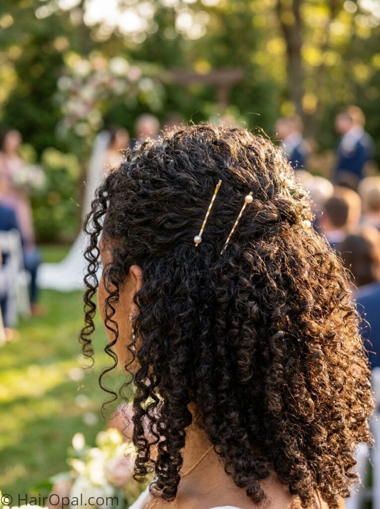 Woman with curly half up wedding guest hairstyle and gold pins