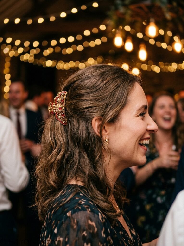 Woman with half up hairstyle and red gold accessory at a wedding