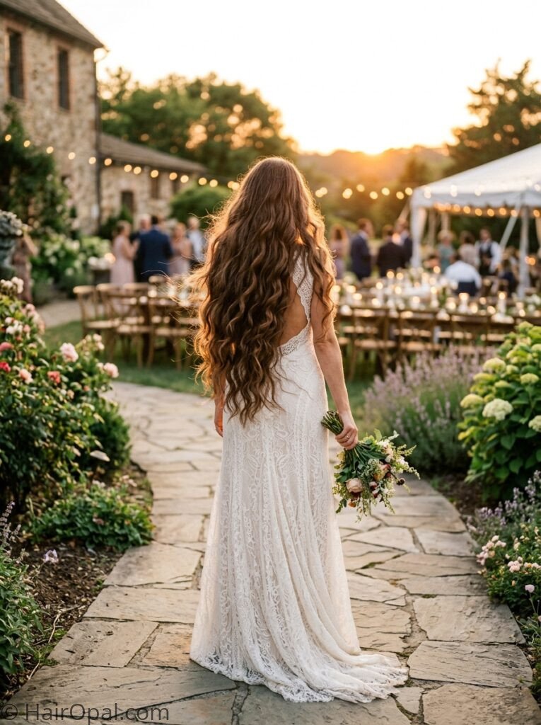 Woman with long hair in loose romantic waves as a wedding guest hairstyle