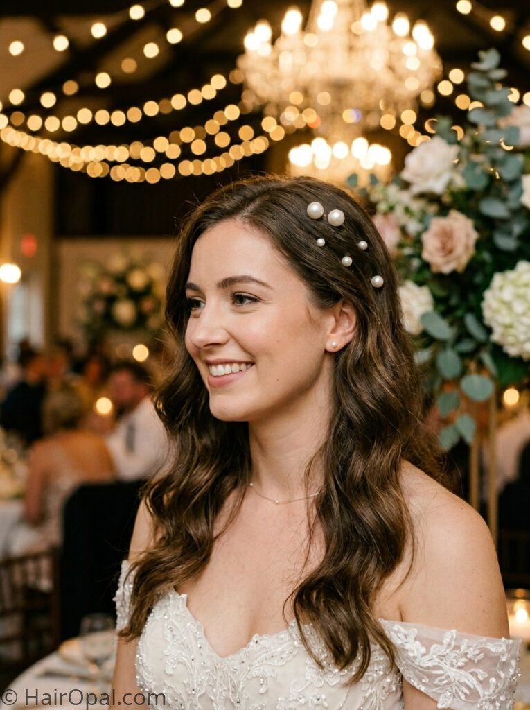 Woman with soft waves and pearl pins wedding guest hairstyle