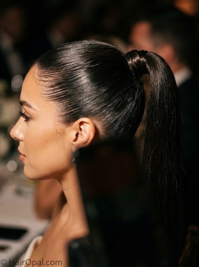Woman with sleek high ponytail wedding guest hairstyle