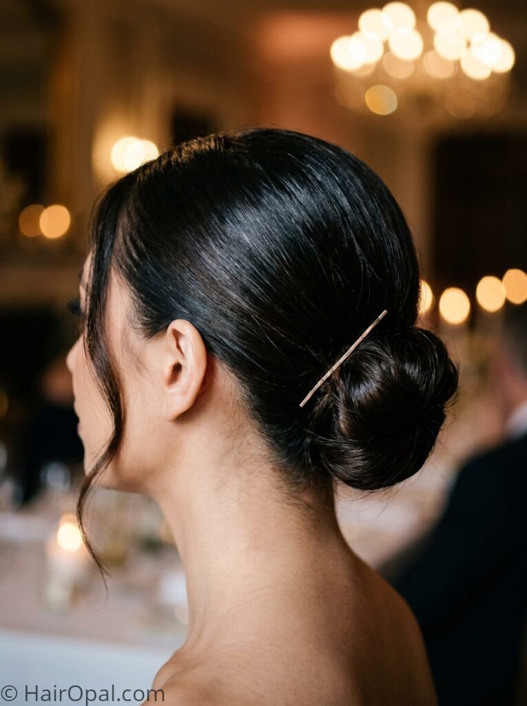 Woman with elegant low bun updo as a formal wedding guest hairstyle
