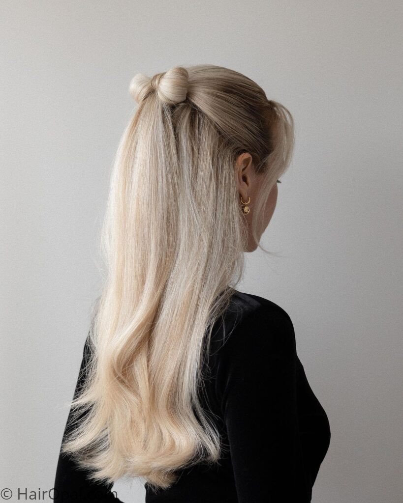 High ponytail with an oversized red bow tied at the base